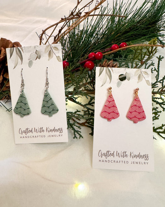 Green and pink Christmas tree earrings with a 3d retro design. 